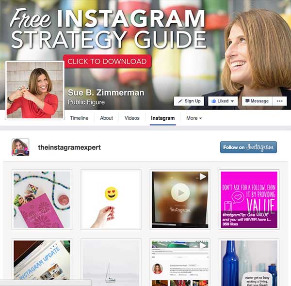 Instagram App on Sue B Zimmerman's Facebook Page - 7 Creative Ways to Increases Instagram Followers