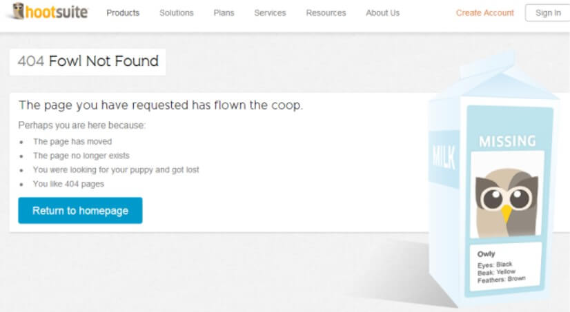 custom 404 page not found example - hootsuite 