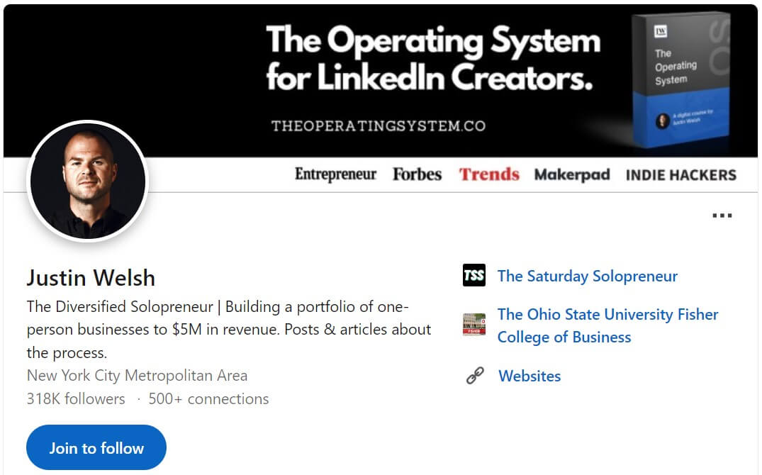Justin Welsh - LinkedIn profile example of personal branding