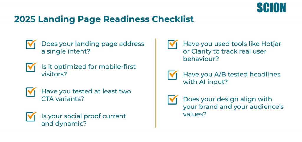 2025 landing page optimization checklist covering mobile design, CTA testing, AI headlines, user behavior tools, and social proof updates