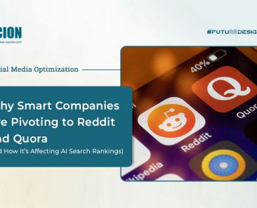 Blog-Cover- | Scion Social Slide with a teal title panel reading 'Why Smart Companies Are Pivoting to Reddit and Quora' beside a close-up of Reddit and Quora app icons on a smartphone