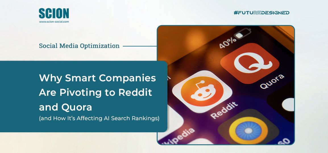 Slide with a teal title panel reading 'Why Smart Companies Are Pivoting to Reddit and Quora' beside a close-up of Reddit and Quora app icons on a smartphone