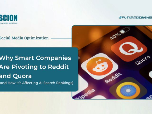 Slide with a teal title panel reading 'Why Smart Companies Are Pivoting to Reddit and Quora' beside a close-up of Reddit and Quora app icons on a smartphone