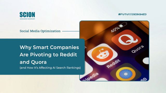 Slide with a teal title panel reading 'Why Smart Companies Are Pivoting to Reddit and Quora' beside a close-up of Reddit and Quora app icons on a smartphone