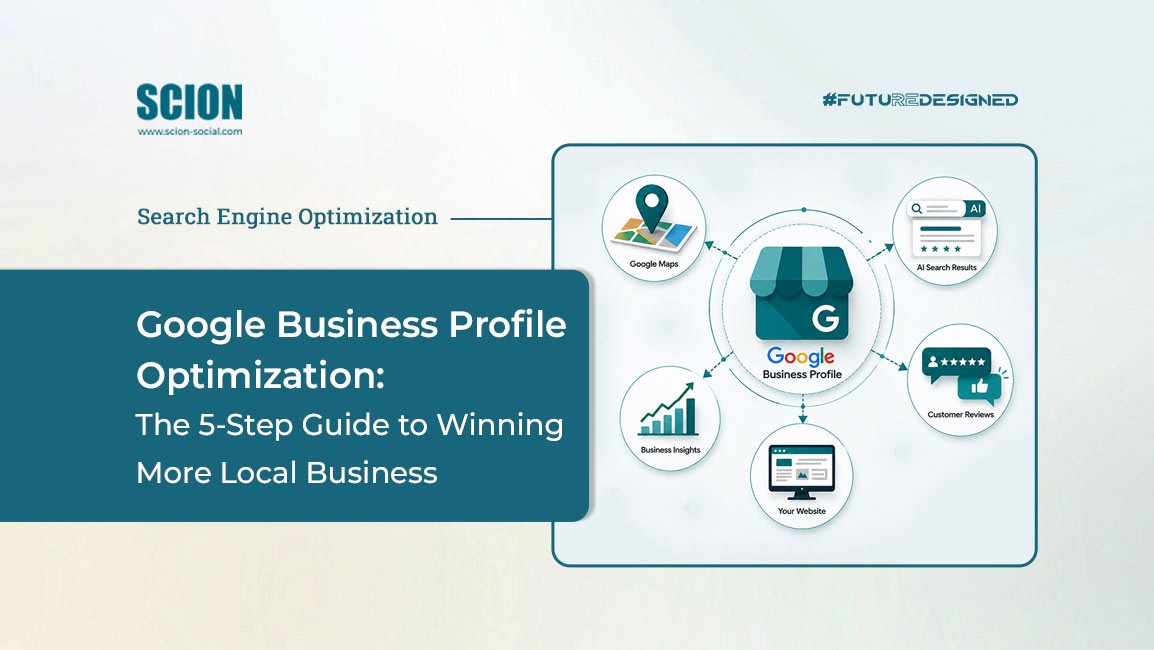 Diagram showing Google Business Profile Optimization with a central Google icon and surrounding icons for maps, results, reviews, website, and insights to represent local SEO.