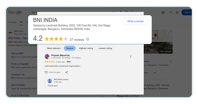 Screen-Shot-3 2 | Scion Social | Scion Social Screenshot of Google Maps business profile for BNI India showing a 4.2 rating from 27 reviews and a Write a review button.