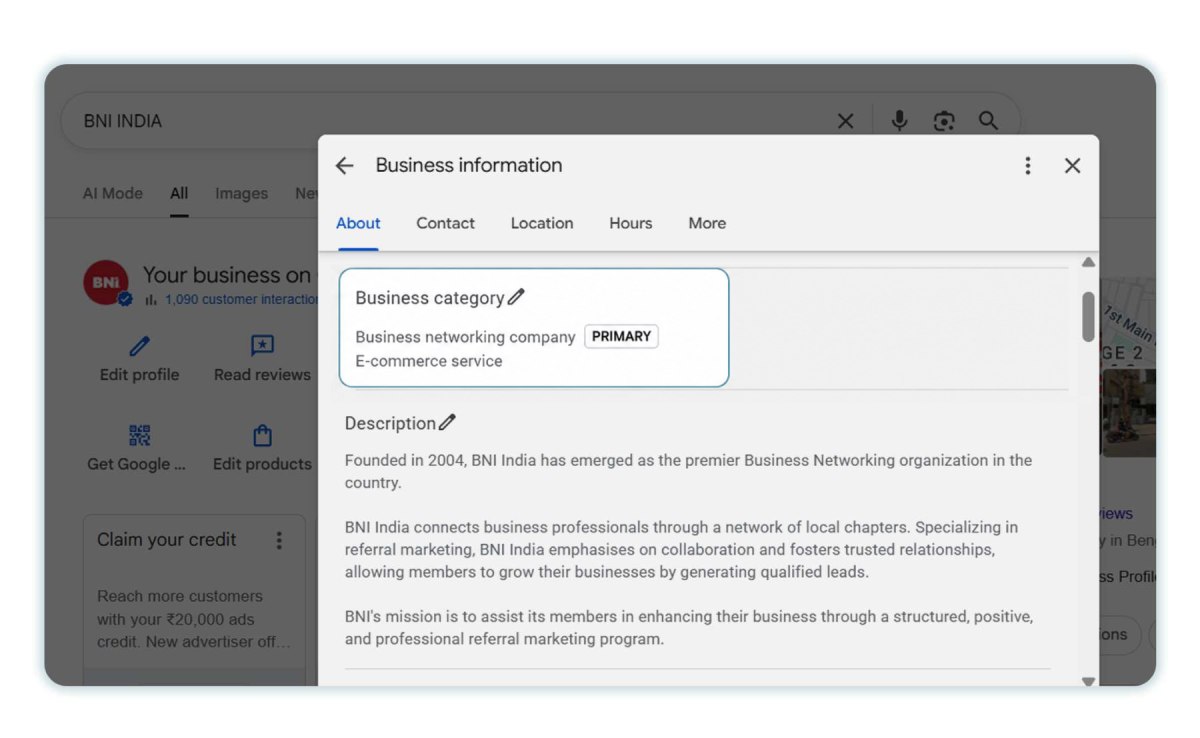 Screen-Shot-6 1 | Scion Social | Scion Social Google Business information panel showing the business category and a short description for BNI India (overlay on a Google profile).