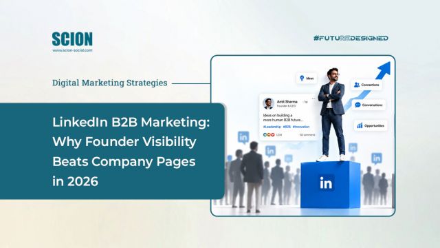 Infographic header: 'LinkedIn B2B Marketing: Why Founder Visibility Beats Company Pages in 2026' with Scion logo on the left.