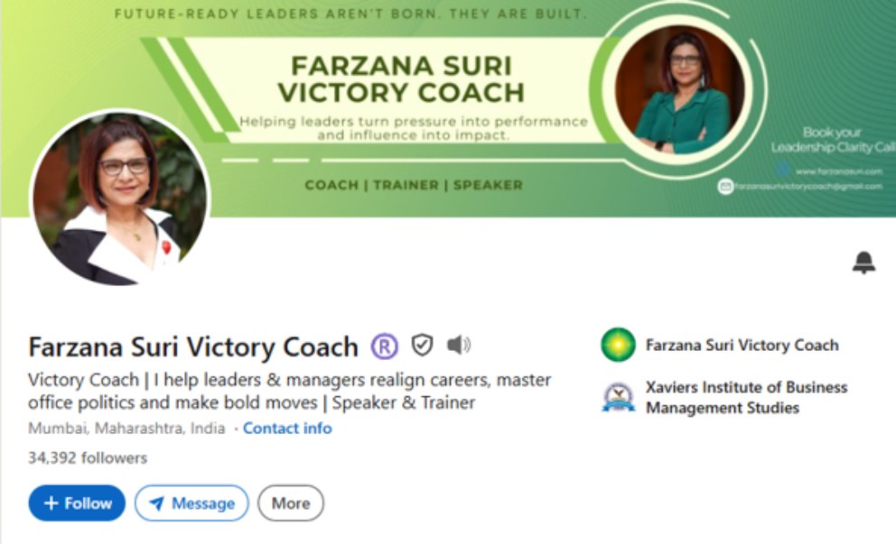 FARZANA SURI LIN SCREEN SHOT 1 | Scion Social | Scion Social LinkedIn header for Farzana Suri Victory Coach with a green gradient banner, two circular photos, and the title Farzana Suri Victory Coach.