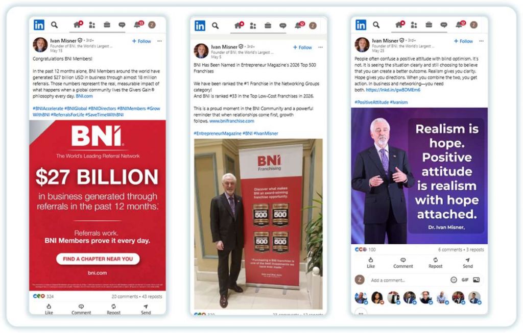Founder Screen Shot | Scion Social | Scion Social Three LinkedIn post screenshots featuring BNI promotional banners and a man in a suit beside a banner on each slide.