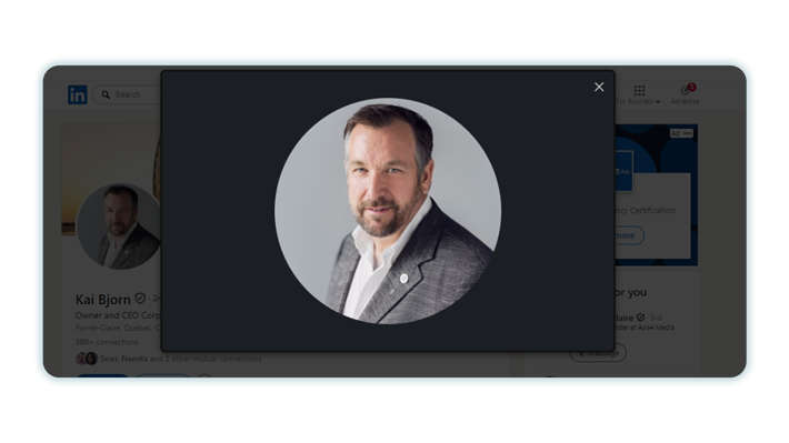 Screen-Shot_1 | Scion Social | Scion Social LinkedIn profile modal showing a portrait in a circular avatar over a dark pop-up window.