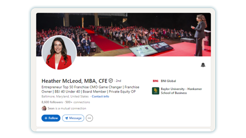 Screen-Shot_2 | Scion Social | Scion Social LinkedIn profile header for Heather McLeod, with circular profile photo on the left and a conference speaker on stage in a packed auditorium behind a red carpet.