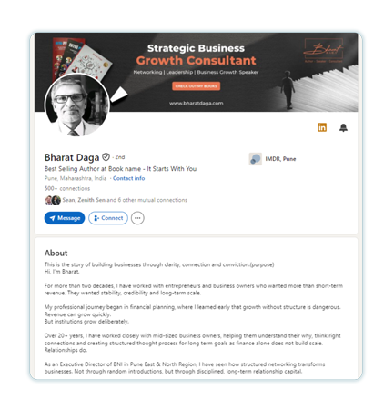 Screen-Shot_4 | Scion Social | Scion Social LinkedIn profile header for Bharat Daga showing a banner, circular profile photo, name, and title “Strategic Business Growth Consultant.” Located in Pune/IMDR area with connect button visible (informational image).