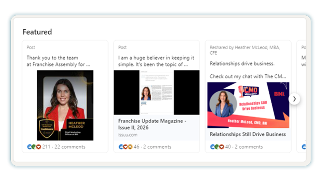 Screen-Shot_5 | Scion Social | Scion Social Carousel labeled 'Featured' with three post cards showing thumbnails, short captions, and comment counts (horizontal scrolling)